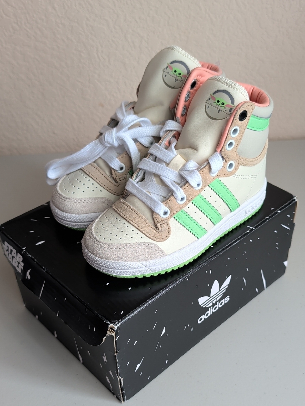 adidas X Mandelorian Baby Yoda Kids High-Top Sneakers in Cream, Mint & Peach